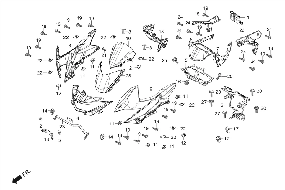 F-1A FAIRING (FR. VISOR/COWL/STAY) assembly diagram for Hero Xtreme 200S (May, 2019)