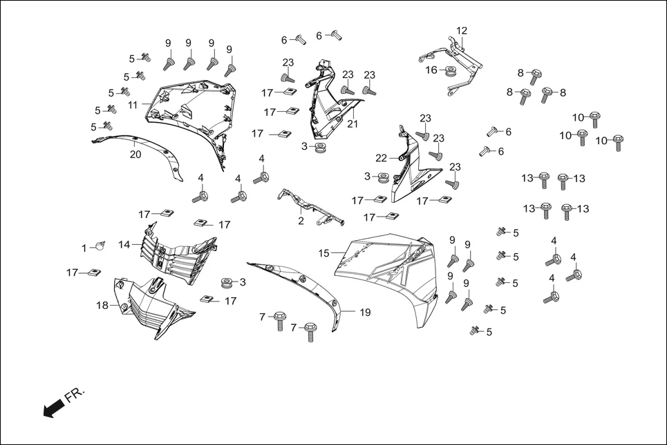F-1B FAIRING (FR. VISOR/COWL/STAY) assembly diagram for Hero Xtreme 200S (May, 2019)