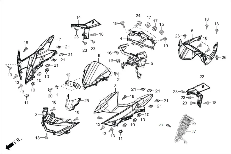 F-1A FAIRING(FR. VISOR/COWL/STAY) diagram showing 64100-ACN-100