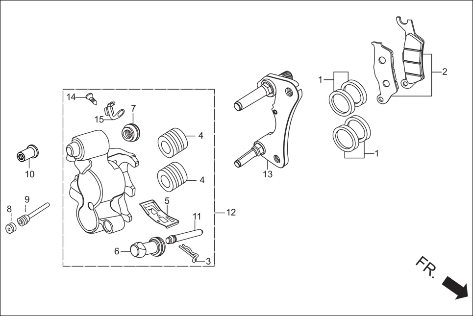 F-8 CALIPER ASSY ‘R’ FR assembly diagram for Hero Xtreme Sports (Feb, 2015)