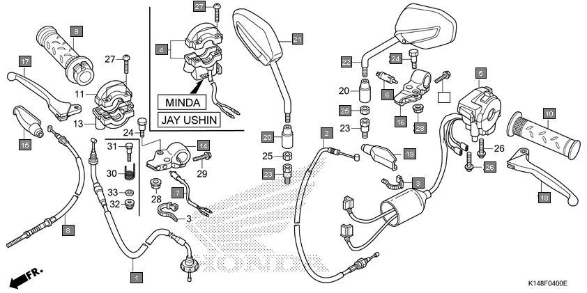 F-4 HANDLE LEVER/SWITCH/CABLE/MIRROR diagram showing 32161-KSP-920