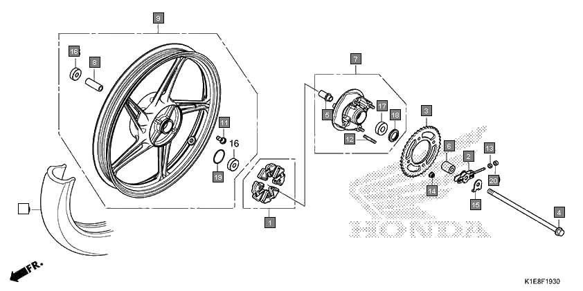 F-19-30 REAR WHEEL assembly diagram for HONDA CD 110 Dream CB110CMDR