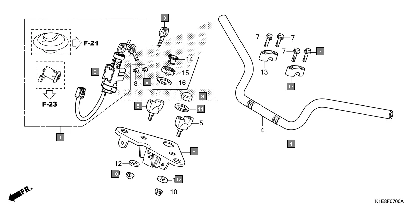F-7 HANDLE PIPE/TOP BRIDGE assembly diagram for HONDA CD 110 Dream CB110CMDR