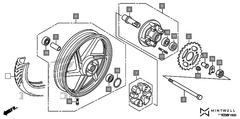 F-19-30 REAR WHEEL(CAST) assembly diagram for HONDA Dream Neo CB110CG