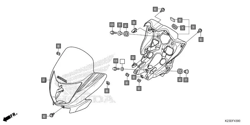 F-43 FRONT VISOR assembly diagram for HONDA Dream Neo CB110CMH