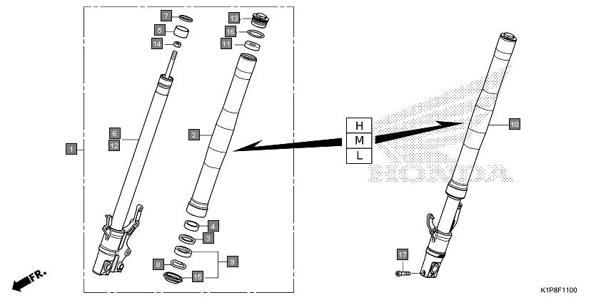 F-11 FRONT FORK assembly diagram for HONDA CB200X CB190XN