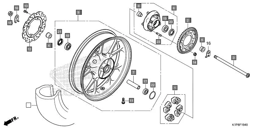 F-19-40 REAR WHEEL assembly diagram for HONDA CB200X CB190XS