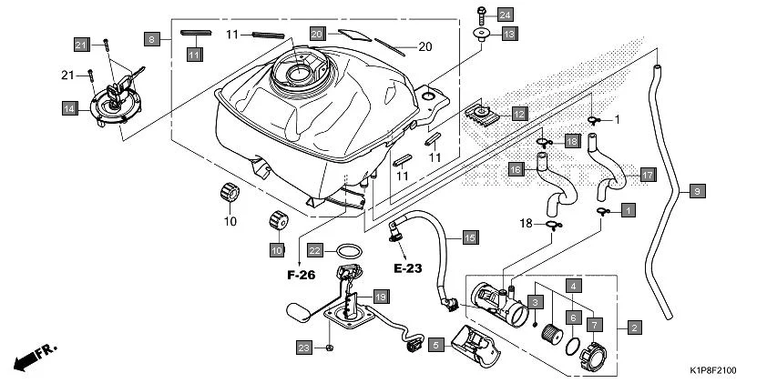 F-21 FUEL TANK/FUEL PUMP diagram showing 17614-KR3-000