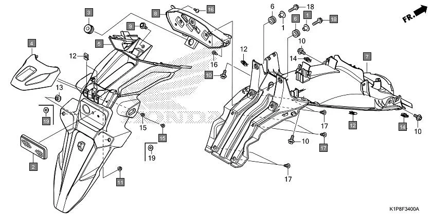 F-34 REAR FENDER assembly diagram for HONDA CB200X CB190XS