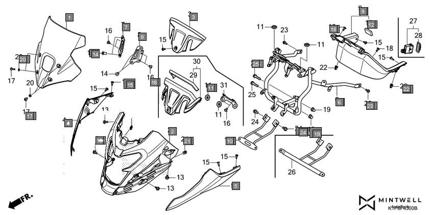 F-43 FRONT COWL assembly diagram for HONDA CB200X CB190XS