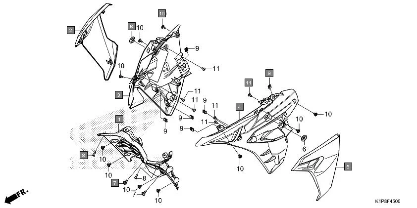F-45 MIDDLE COWL assembly diagram for HONDA CB200X CB190XS