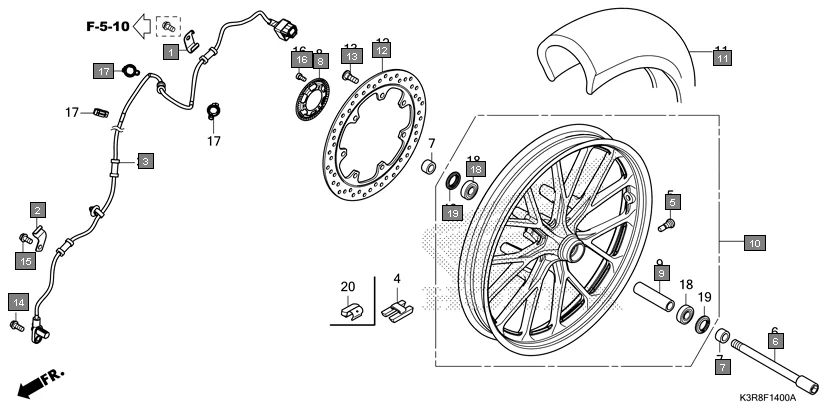 F-14 FRONT WHEEL assembly diagram for HONDA CB350 CB350CST