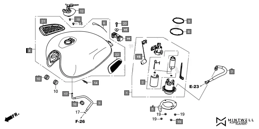 F-21 FUEL TANK/FUEL PUMP assembly diagram for HONDA CB350 CB350CR
