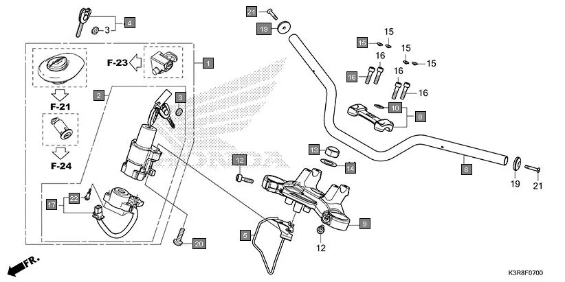 F-7 HANDLE PIPE/TOP BRIDGE assembly diagram for HONDA CB350 CB350CR