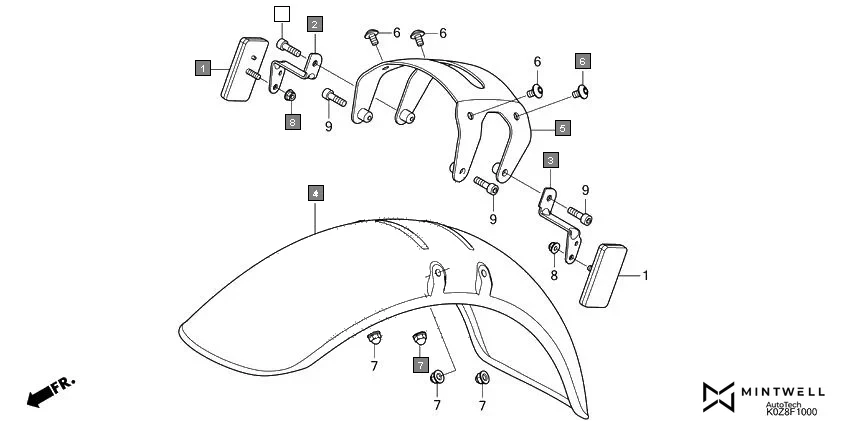 F-10 FRONT FENDER assembly diagram for HONDA HNESS CB350DM