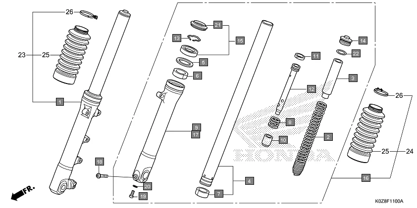 F-11 FRONT FORK assembly diagram for HONDA HNESS CB350DP