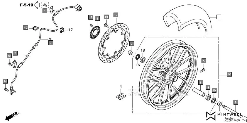 F-14 FRONT WHEEL assembly diagram for HONDA HNESS CB350DP