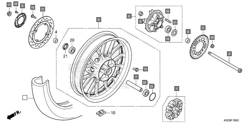 F-19 REAR WHEEL assembly diagram for HONDA HNESS CB350DM