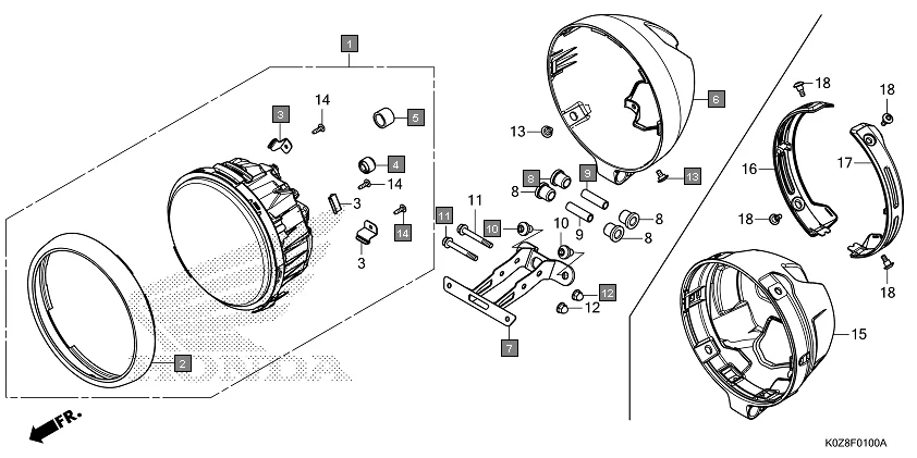 F-1 HEADLIGHT assembly diagram for HONDA HNESS CB350DM