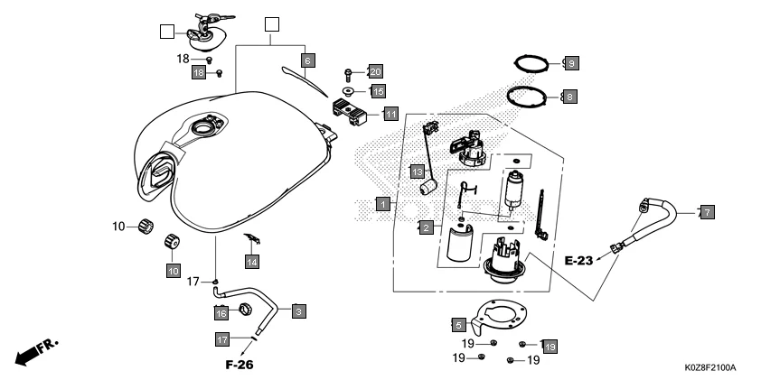 F-21 FUEL TANK/FUEL PUMP diagram showing 17500-K0Z-900ZE