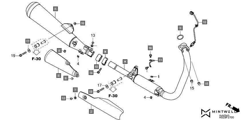 F-27 EXHAUST MUFFLER assembly diagram for HONDA HNESS CB350DM
