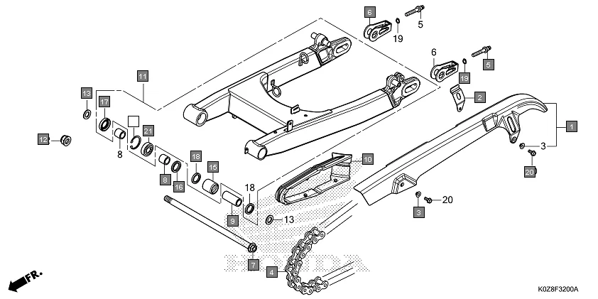 F-32 SWINGARM assembly diagram for HONDA HNESS CB350DM