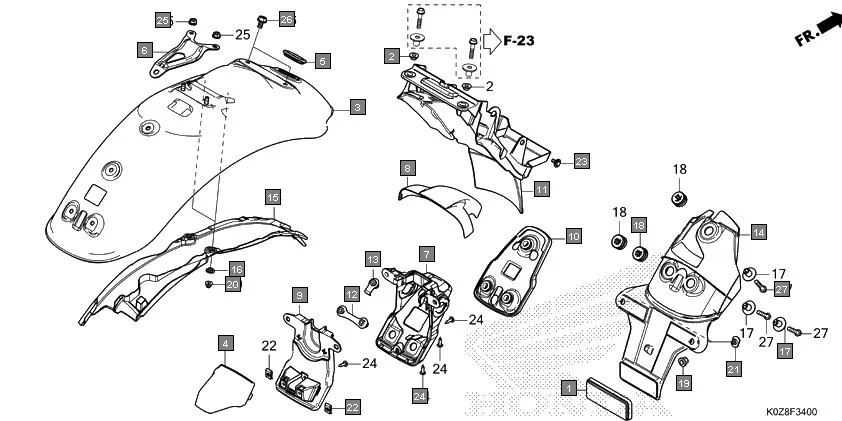 F-34 REAR FENDER assembly diagram for HONDA HNESS CB350DM