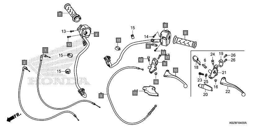 F-4 HANDLE LEVER/SWITCH/CABLE assembly diagram for HONDA HNESS CB350RSM