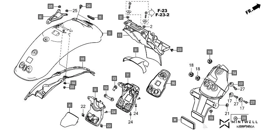 F-34 REAR FENDER(CB350D/DS) assembly diagram for HONDA HNESS CB350DSP/DSR