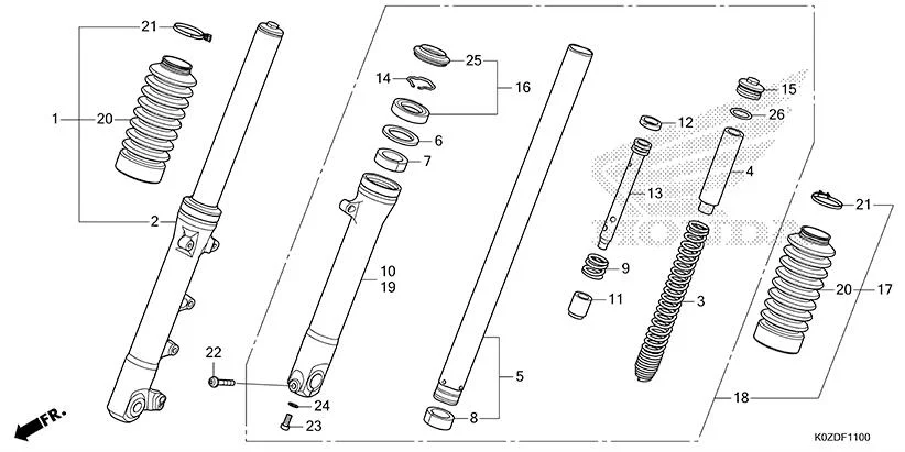 F-11 FRONT FORK assembly diagram for HONDA HNESS CB350DS