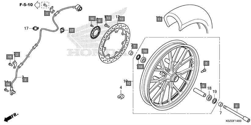 F-14 FRONT WHEEL assembly diagram for HONDA HNESS CB350DS