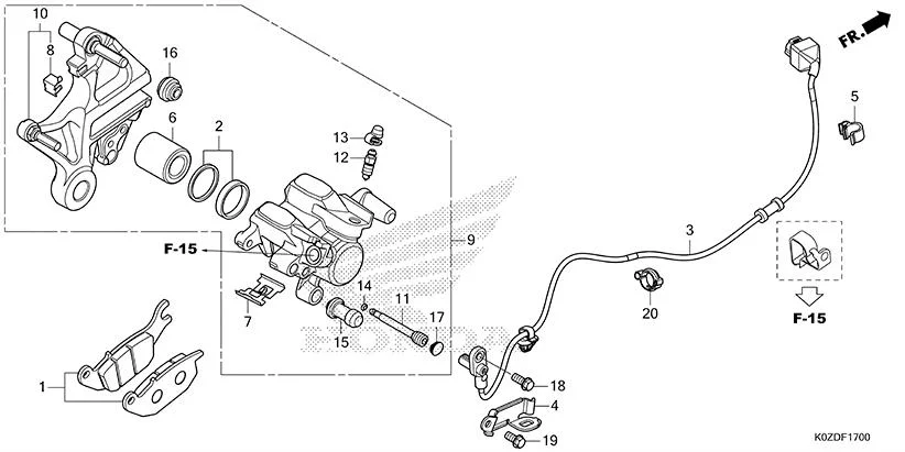 F-17 REAR BRAKE CALIPER diagram showing 43112-KTM-751