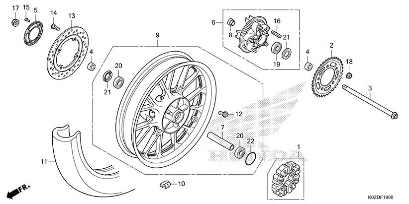 F-19 REAR WHEEL assembly diagram for HONDA HNESS CB350DSS