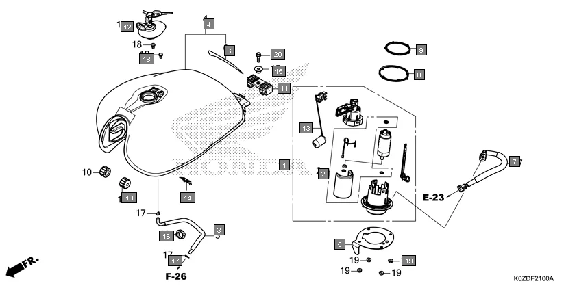 F-21 FUEL TANK/FUEL PUMP diagram showing 17574-GHB-601