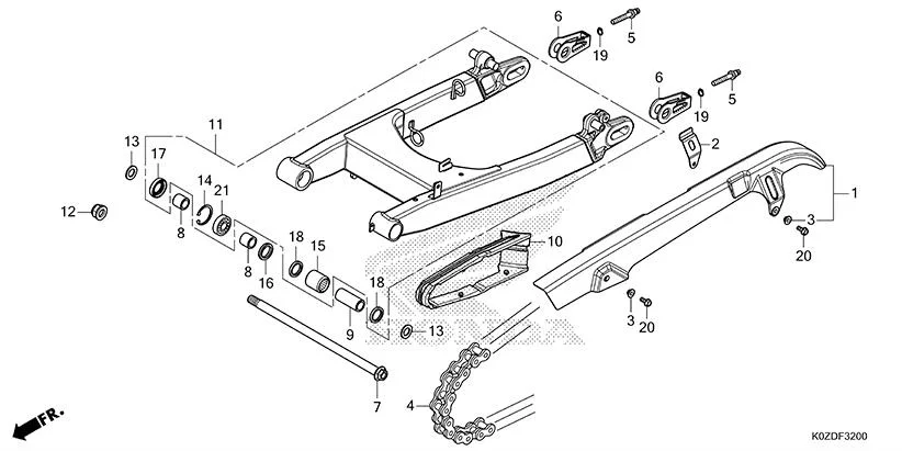 F-32 SWINGARM assembly diagram for HONDA HNESS CB350DS