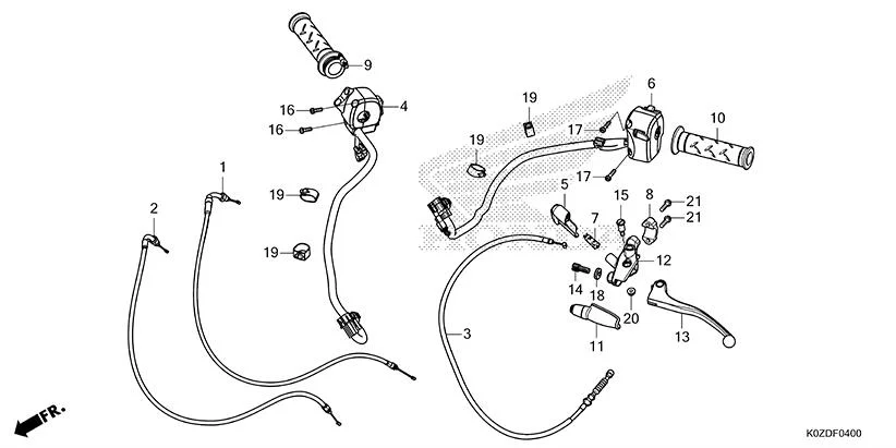 F-4 HANDLE LEVER/SWITCH/CABLE assembly diagram for HONDA HNESS CB350DSS