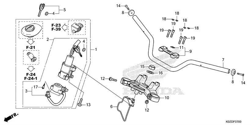 F-7 HANDLE PIPE/TOP BRIDGE assembly diagram for HONDA HNESS CB350DSS