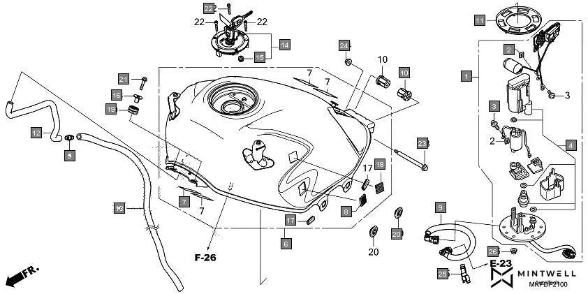 F-21 FUEL TANK/FUEL PUMP diagram showing 17574-MGS-D30