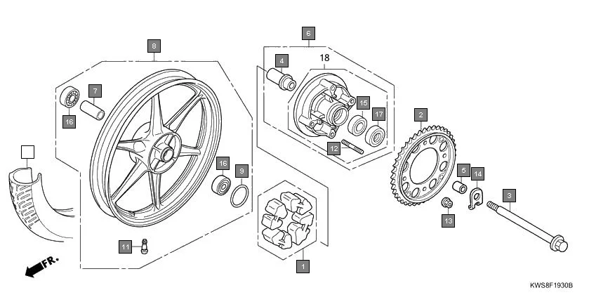 F-19-30 REAR WHEEL assembly diagram for HONDA CB Twister CBF110MSE