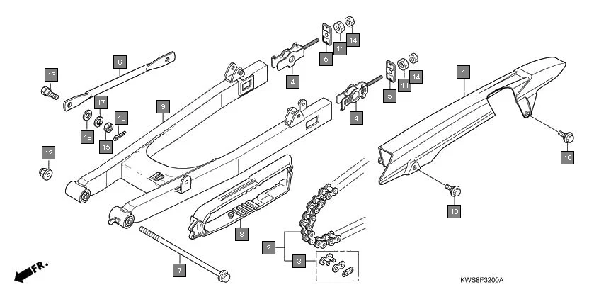 F-32 SWINGARM assembly diagram for HONDA CB Twister CBF110MSE