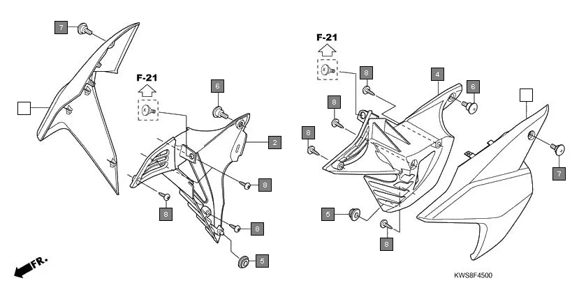 F-45 SIDE COWL assembly diagram for HONDA CB Twister CBF110MSE