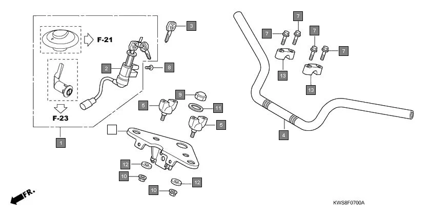 F-7 HANDLE PIPE/TOP BRIDGE assembly diagram for HONDA CB Twister CBF110MSE