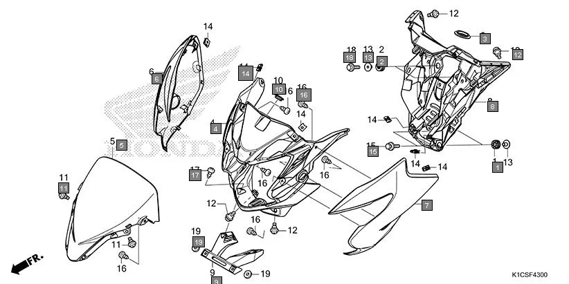 F-43 FRONT COWL diagram showing 64315-K1C-D00