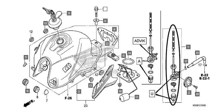 F-21 FUEL TANK assembly diagram for HONDA Livo CBF110G