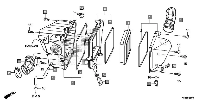 F-25 AIR CLEANER assembly diagram for HONDA Livo CBF110G