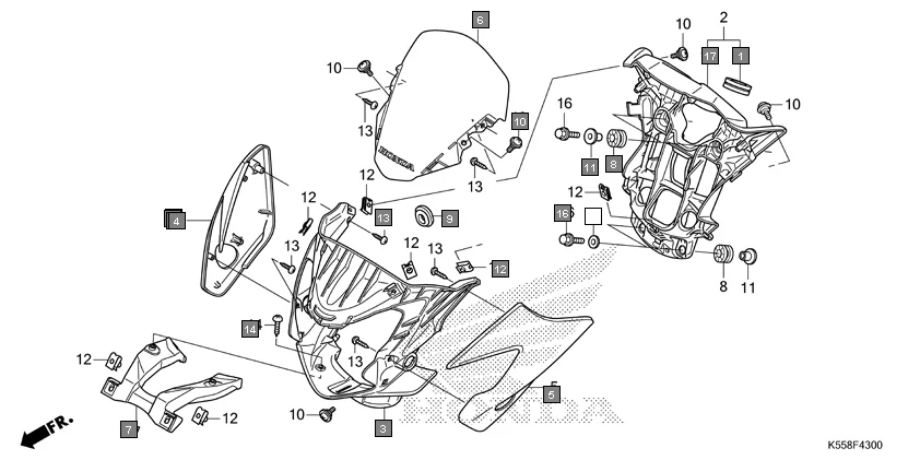 F-43 FRONT VISOR assembly diagram for HONDA Livo CBF110G