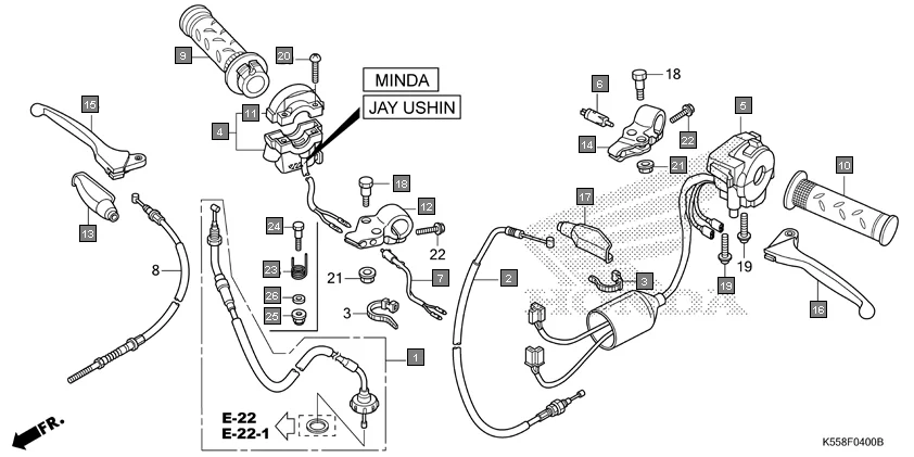 F-4 HANDLE LEVER/SWITCH/CABLE diagram showing 53199-KTE-DB0