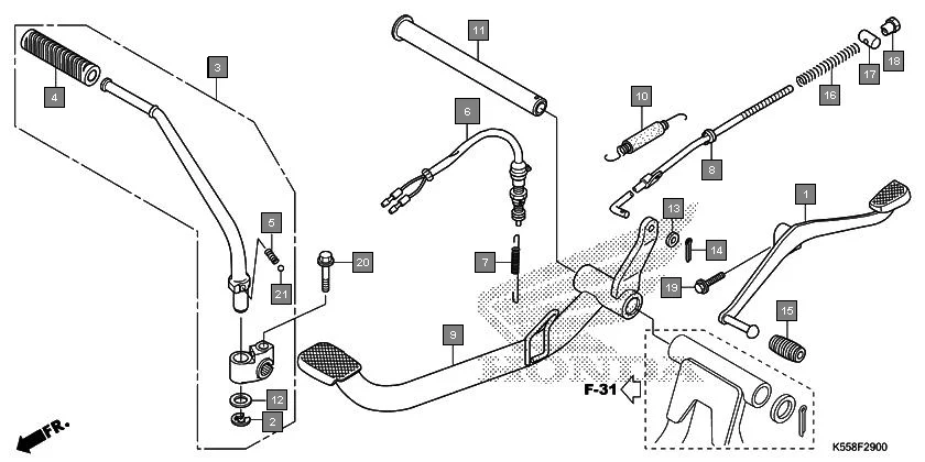 F-29 PEDAL/KICK STARTER ARM assembly diagram for HONDA Livo CBF110H
