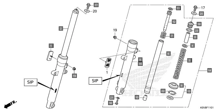 F-11-1 FRONT FORK(SHOWA) assembly diagram for HONDA CB Shine/ Shine 125 CBF125S