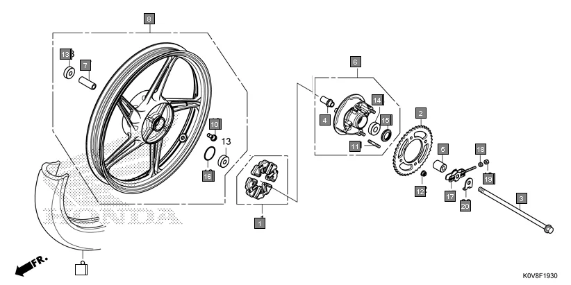 F-19-30 REAR WHEEL assembly diagram for HONDA CB Shine/ Shine 125 CBF125S